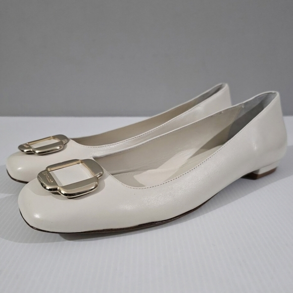 Larroude Maria Ballet Flat Womens 9.5 Cream Leather Buckle Designer Slip On